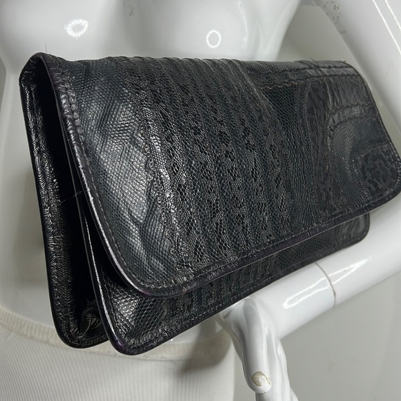 Carlos Falchi Mixed Exotic Lizard, Ostrich Snap Envelope Clutch Shoulder Bag